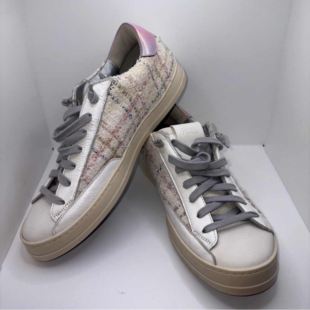P448 John Tweed Womens Size 9 Low Top Shoes Pink Ivory Silver White Leather Icon